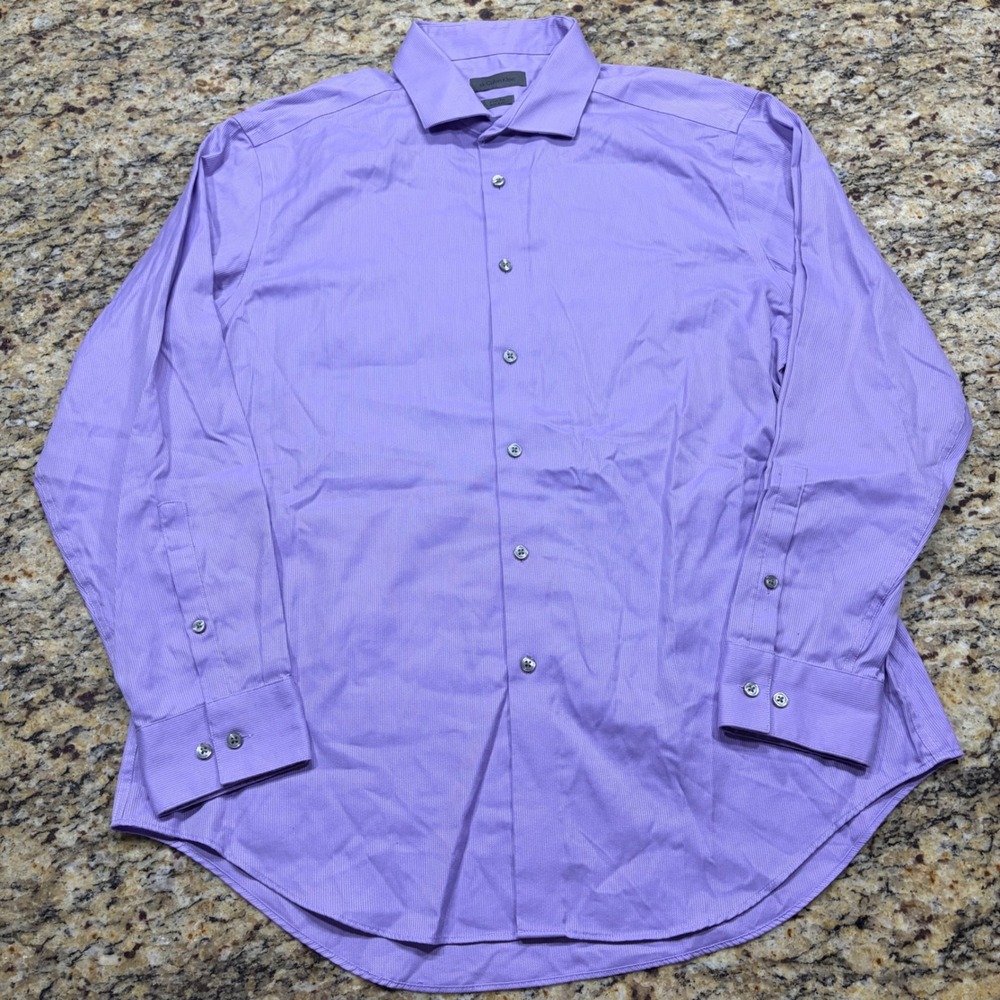Calvin Klein Mens Slim Fit Non Iron Dress Shirt Purple 17 32-33 80s Cotton ws